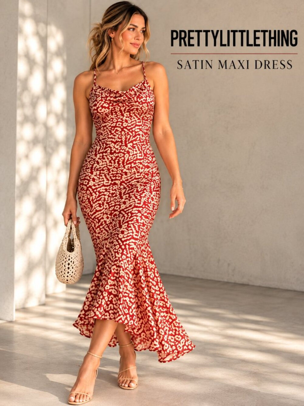 PRETTYLITTLETHING RED & CREAM ANIMAL PRINT SATIN MAXI DRESS – US SIZE 2